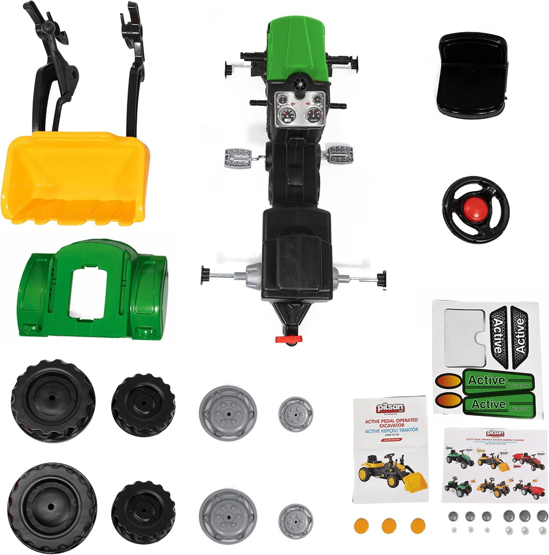 Lemodo Trettraktor grün mit Schaufel, Kindertraktor ab 3 Jahre, Verstellbarer Sitz, innenliegende Ke
