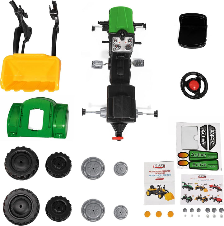 Lemodo Trettraktor grün mit Schaufel, Kindertraktor ab 3 Jahre, Verstellbarer Sitz, innenliegende Ke