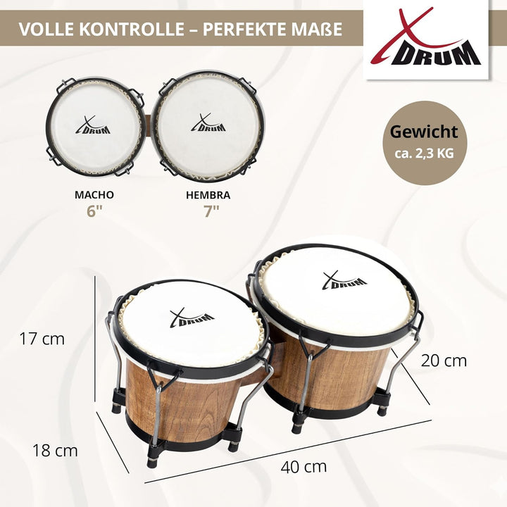 XDrum Bongos Club - 6" Macho und 7" Hembra - Naturfelle - professionelles Stimmsystem - Schwarz sati