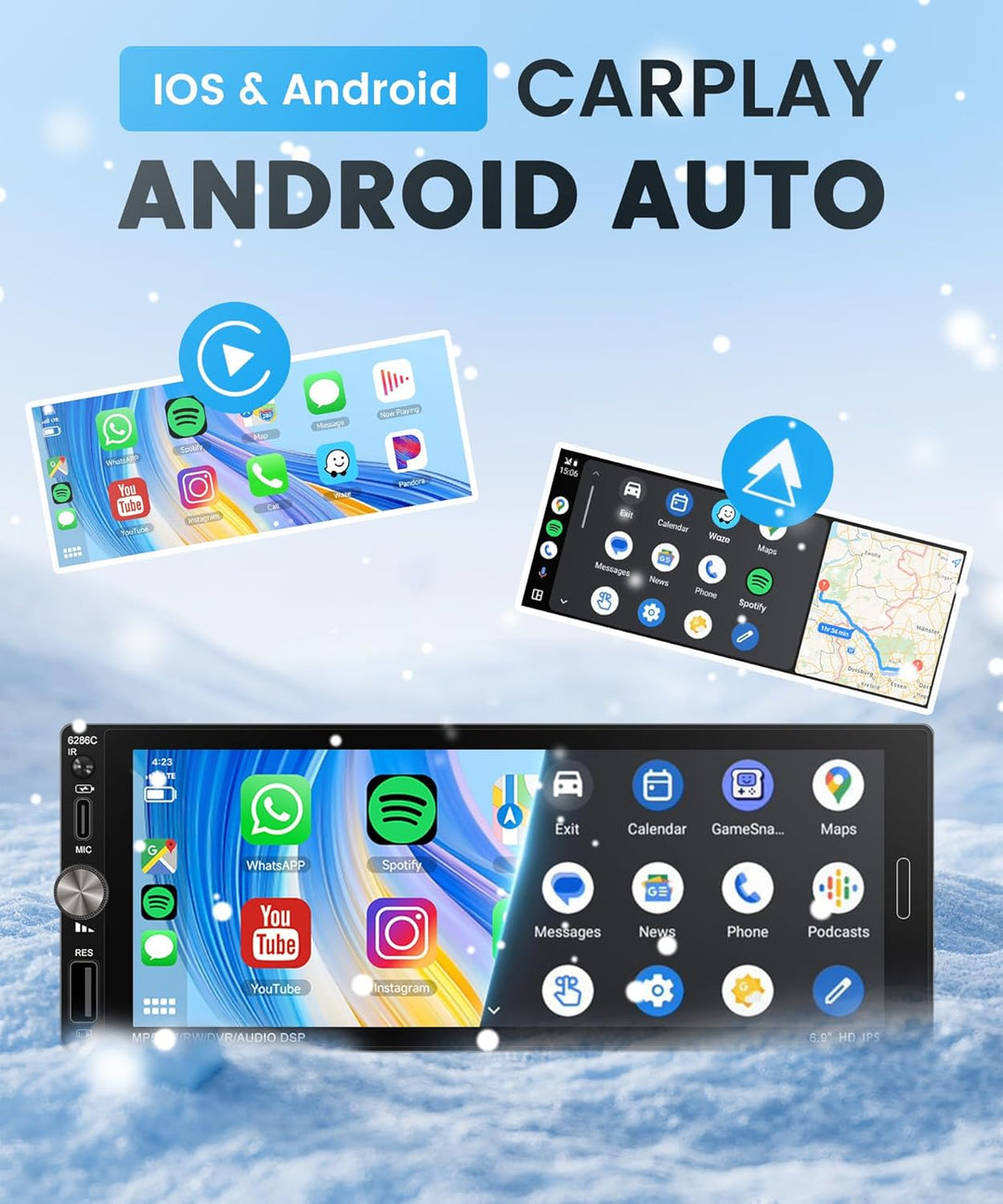 Rimoody A-pple Carplay Autoradio 1 Din mit Carplay Android Auto IOS/Android Mirror Link 6.9 Zoll Tou