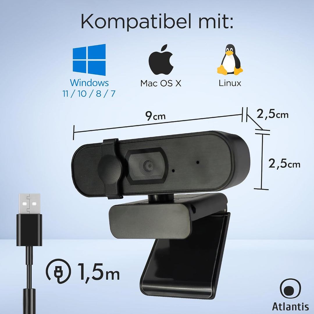 Atlantis USB-Webcam 2K 5MP 30fps mit Autofokus und Dual-Mikrofon | 5 MP, 2560×1944/30fps und Full HD