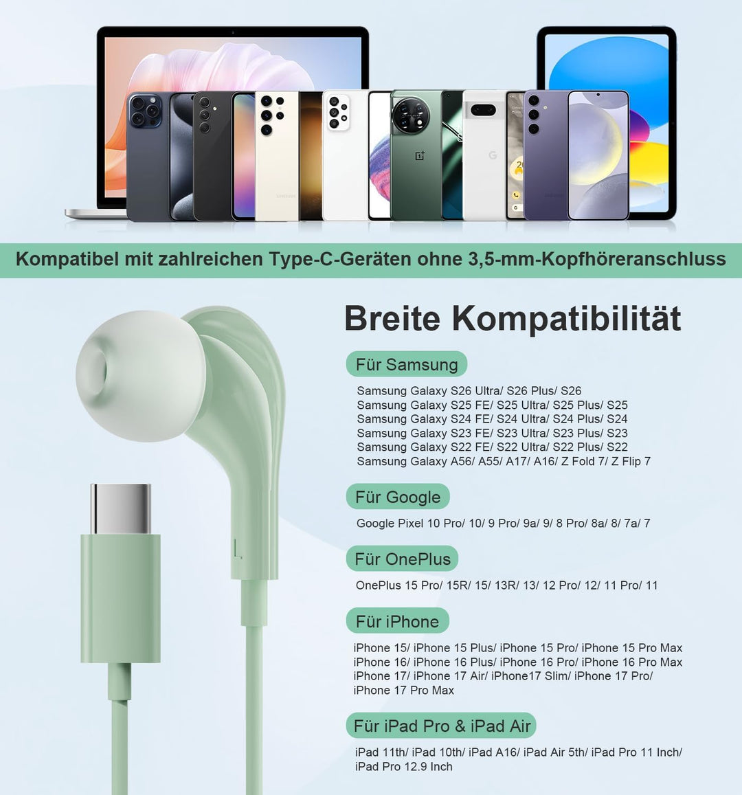 USB C Kopfhörer für Samsung Galaxy S26 S24 S23 Ultra S25 S22 A55 A56 A16 A54 5G Stereo USBC Headset
