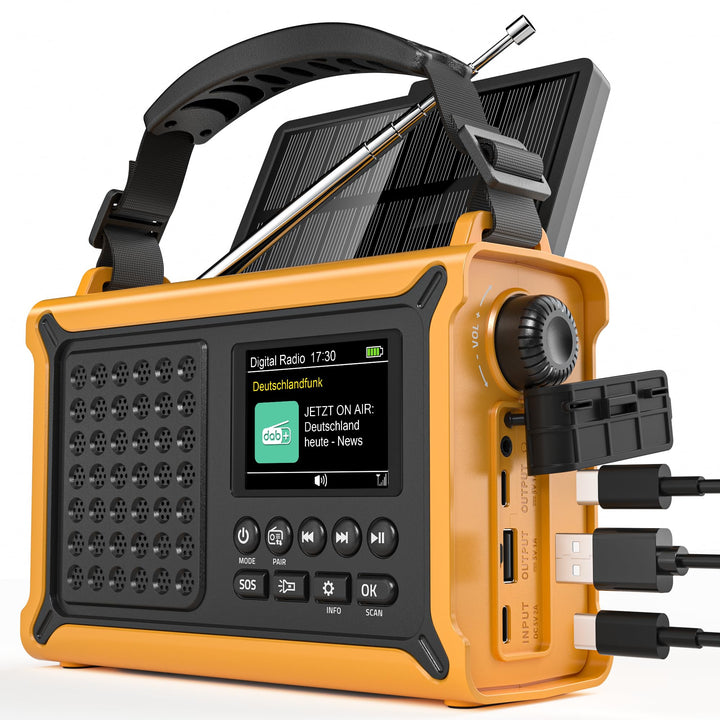 Solar Radio, Kurbelradio, 12000mAh DAB/DAB+/UKW, Notfallradio mit 8500mm² Solarpanel & 650mA Handkur
