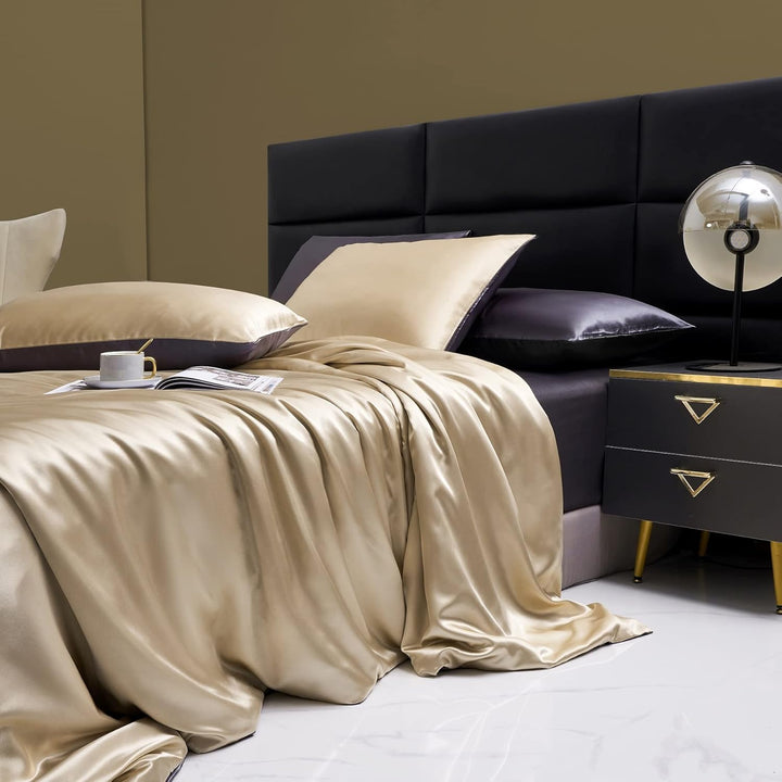 YASMENG Satin Bettwäsche 135x200 4teilig Beige Grau Dunkelgrau Bettbezug Set Einfarbig Deckenbezug M