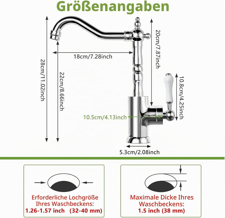 Wasserhahn Küche Retro, Küchenarmatur 360° Drehbar, Mischbatterie mit Einhebelmischer für Bad/Küche,