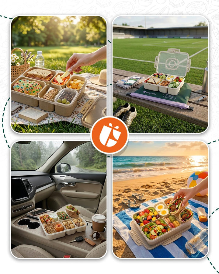 GIRAFFYCO Tragbare Snackbox mit isolierter Kühltasche & Kühlakku, 6 herausnehmbare Fächer mit Einzel