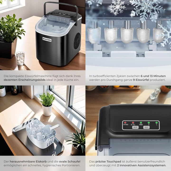 tectake® Eiswürfelmaschine, Ice Maker, 2,1l Volumen, Eiswürfelbereiter, Maschine bereitet 9 Würfel i