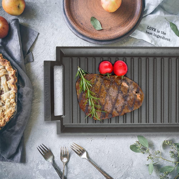 COVERCOOK Gusseisen-Grillpfanne - Grillpfanne - Rechteckige Grillplatte - 2 Griffe - 43 x 23 cm -Gri