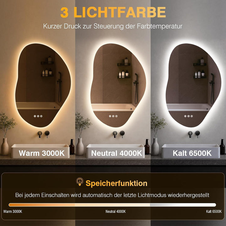 Spiegel mit Beleuchtung Asymmetrischer, LED Badspiegel mit Touch-Schalter, 3 Lichtfarbe, Dimmbar, Be