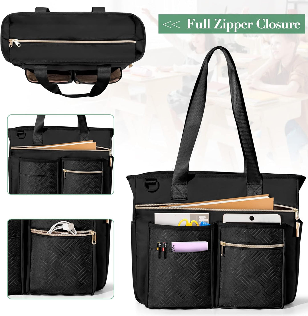 Fasrom Teacher Arbeitstasche mit Fächern für Laptop, Grosse Laptoptasche für Lehrer Schwarz, Schwarz