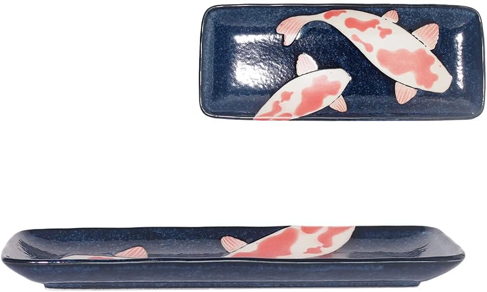 Japanischer Mino-Yaki-Keramik-Sushi-Teller, rechteckiger Teller, 29,5 cm, rote Karpfen auf schwarzer