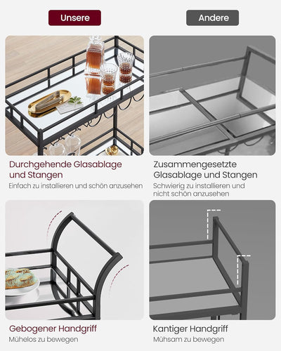 VASAGLE Servierwagen, Rollwagen, Gläserhalter, 2 verspiegelte Glasablagen, Barwagen, Weinwagen, für