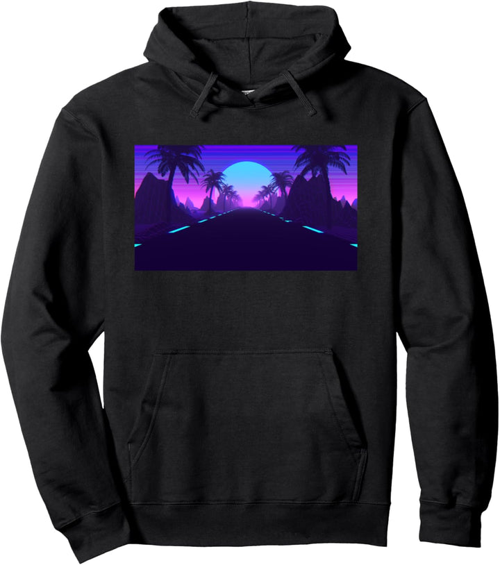 Retro Hot Pink Purple Blue Sunset Palm Trees Pullover Hoodie