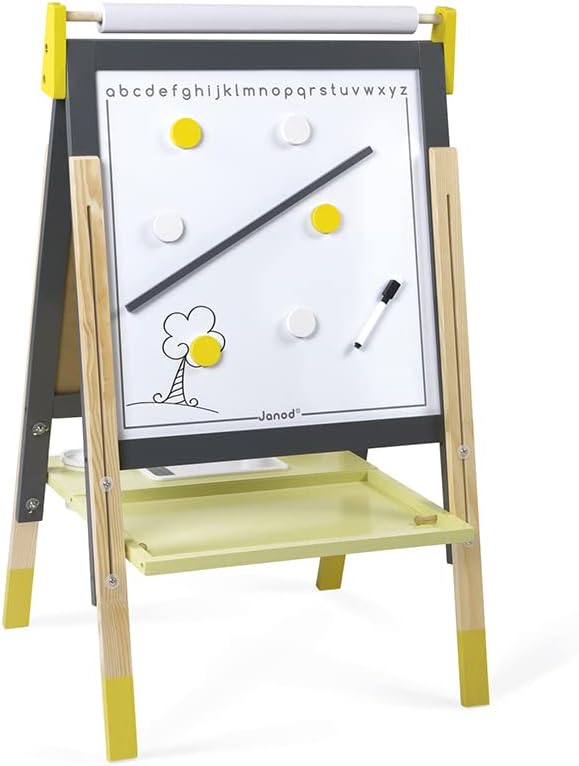 Janod - Beidseitig nutzbare Tafel aus Holz Taupe und Grün - Skalierbar, höhenverstellbar - Magnetisc