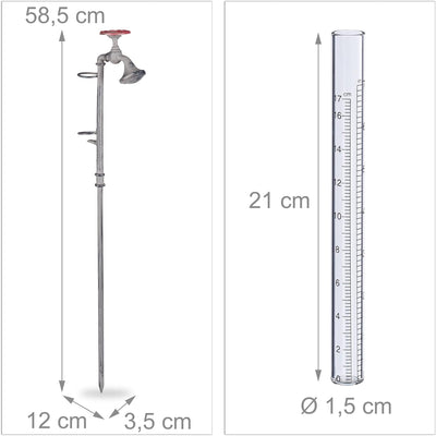 6 x Regenmesser Wasserhahn, mit Erdspiess, rustikal, Deko Niederschlagsmesser 17 cm / 7 inch, aus Gl