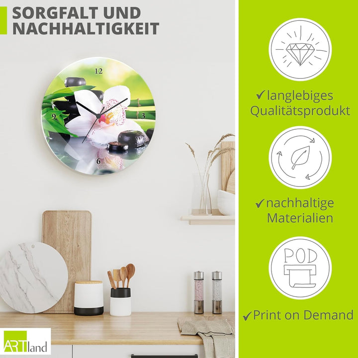 ARTLAND Wanduhr ohne Tickgeräusche Glas Quarzuhr Ø 30 cm Rund Lautlos Orchidee Zen Pflanze Spa Stein