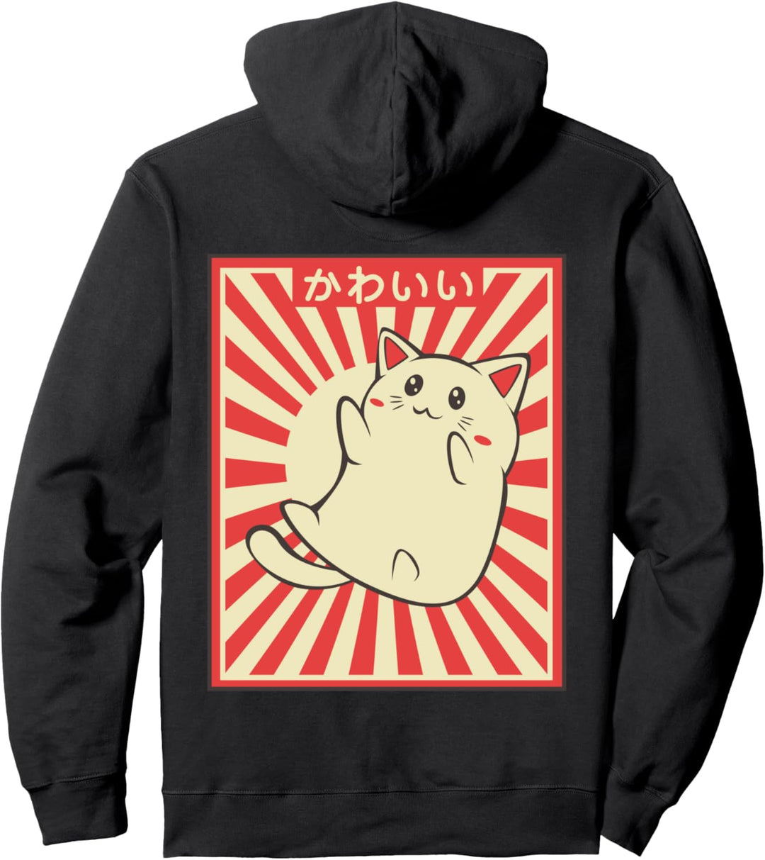 Vintage Retro Japanische Katze Kawaii Niedlich Tier Kanji Pullover Hoodie