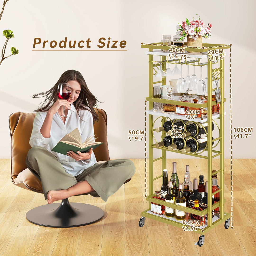IBUYKE 4 Ebenen Weinregal mit Rollen,Freistehend Weinregal, Barwagen für Spirituosen, Whisky und Wei