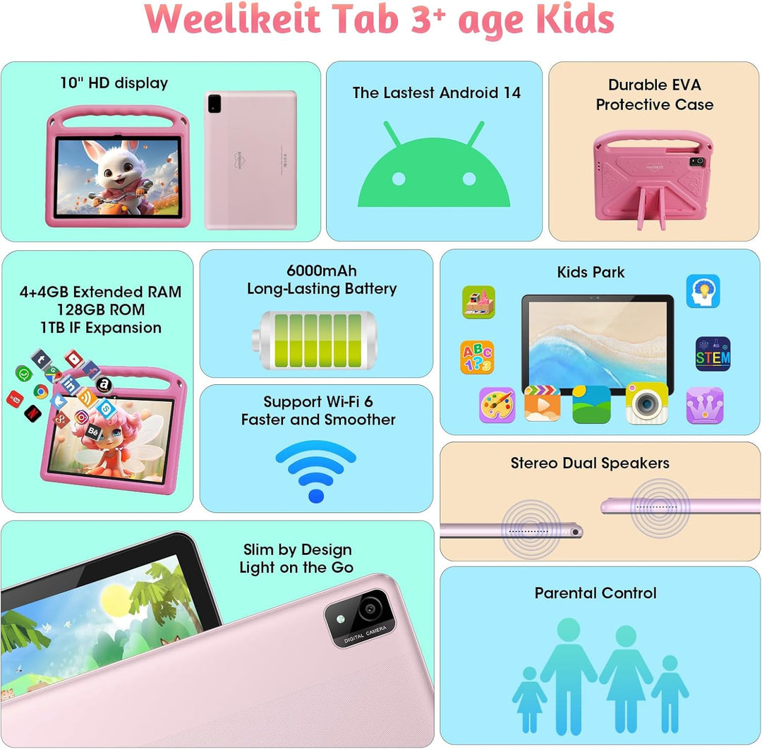 Kinder-Tablet, 10-Zoll-Tablet für Kinder, Android 14, Kleinkind-Tablet, 8 (4 + 4) GB RAM, 128 GB ROM