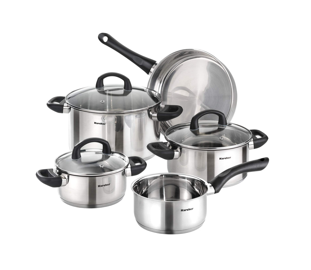 Karcher Topfset Mia aus Edelstahl, Kochgeschirr Induktion-Kochtopf-Set, Töpfe mit Glasdeckel/Pfanne/