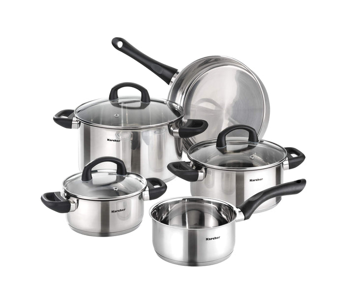 Karcher Topfset Mia aus Edelstahl, Kochgeschirr Induktion-Kochtopf-Set, Töpfe mit Glasdeckel/Pfanne/