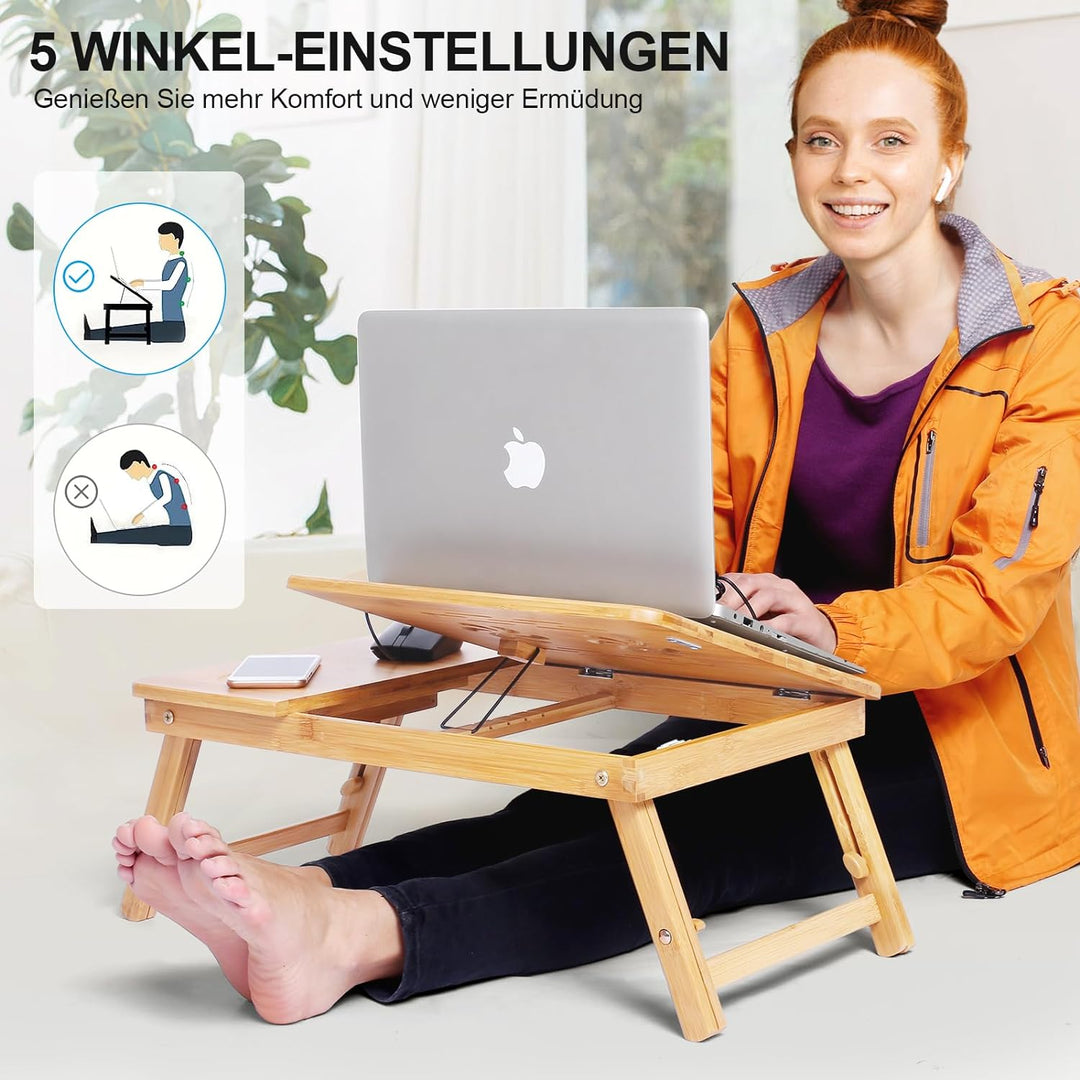 Lap Desk, Laptop-Schreibtisch für Bett, Bambus höhenverstellbarer Winkel Faltbarer Ständer mit Table