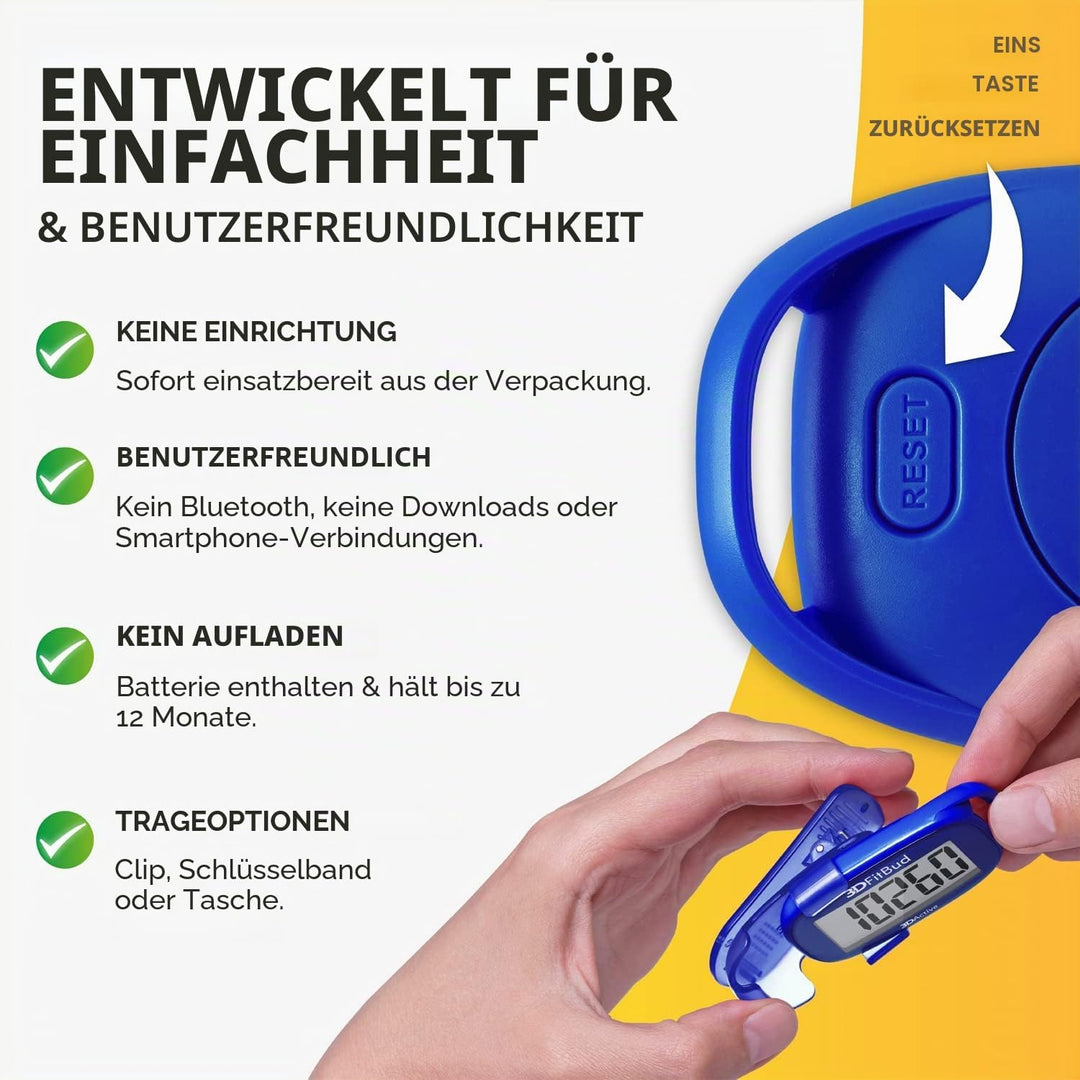 3DFitBud Einfacher Schrittzähler 3D von 3DActive mit Clip Lanyard Präziser Schrittzähler Grosses Dis