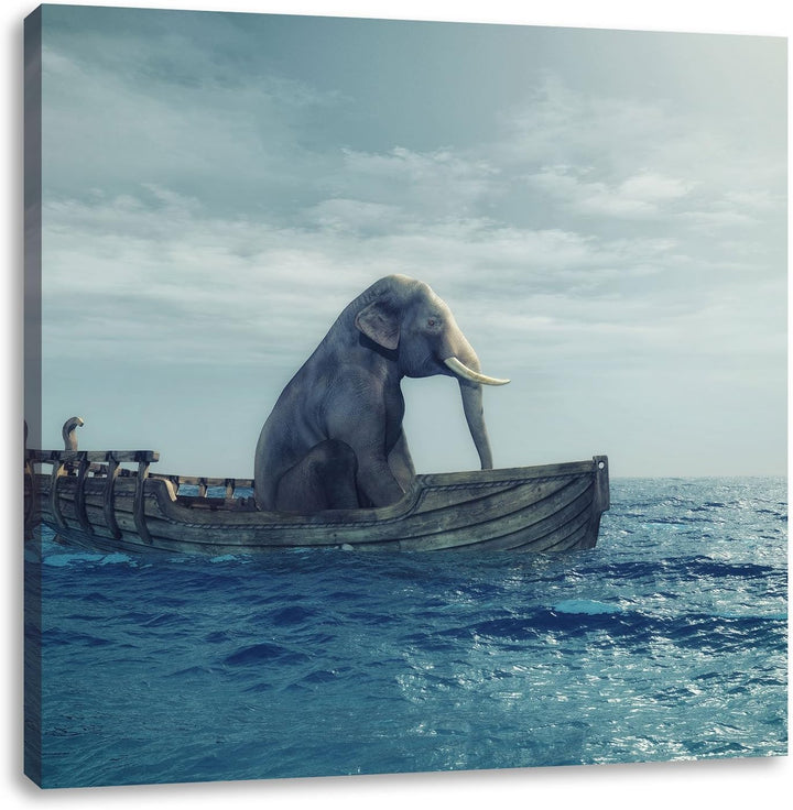 Pixxprint lustig sitzender Elefant im Boot als Leinwandbild/Grösse: 70x70 cm/Wandbild/Kunstdruck/fer