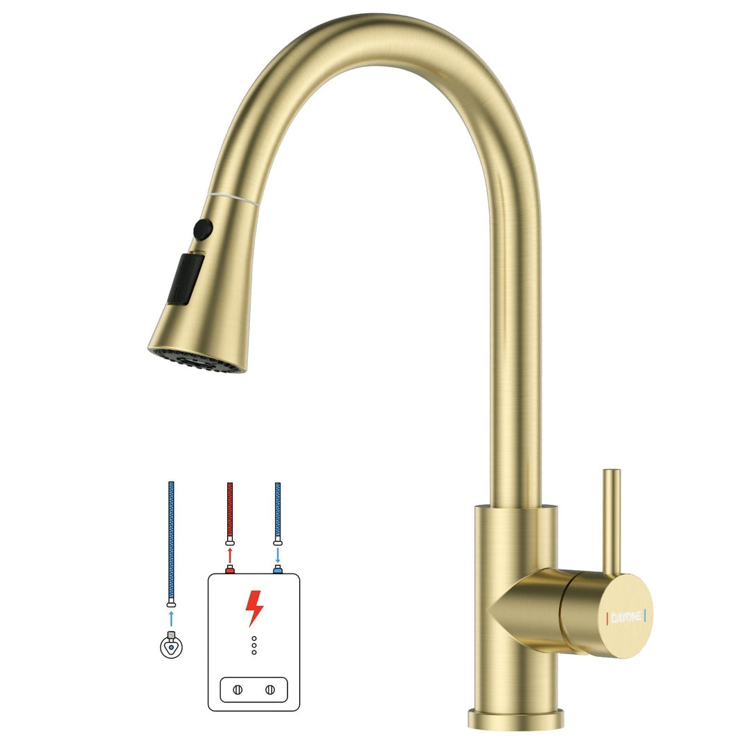 DAYONE Gold Niederdruck Armatur Küche Küchenarmatur, SUS304 Edelstahl Wasserhahn Küche, 3 Strahlarte