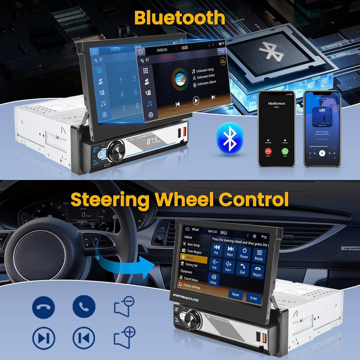 Hikity 1 Din Autoradio Wireless Carplay Andriod Auto 7 Zoll Manuelle Ausfahrbarem Bildchirm Auto Rad