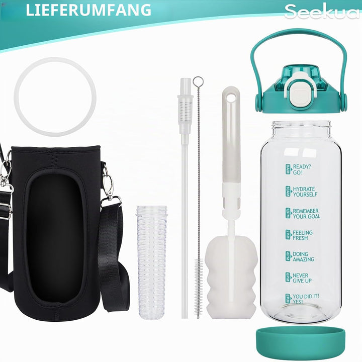 Seekua 2l Trinkflasche Glas Flasche mit Strohhalm & Zeitmarkierung, 2 liter Wasserflasche mit Frücht