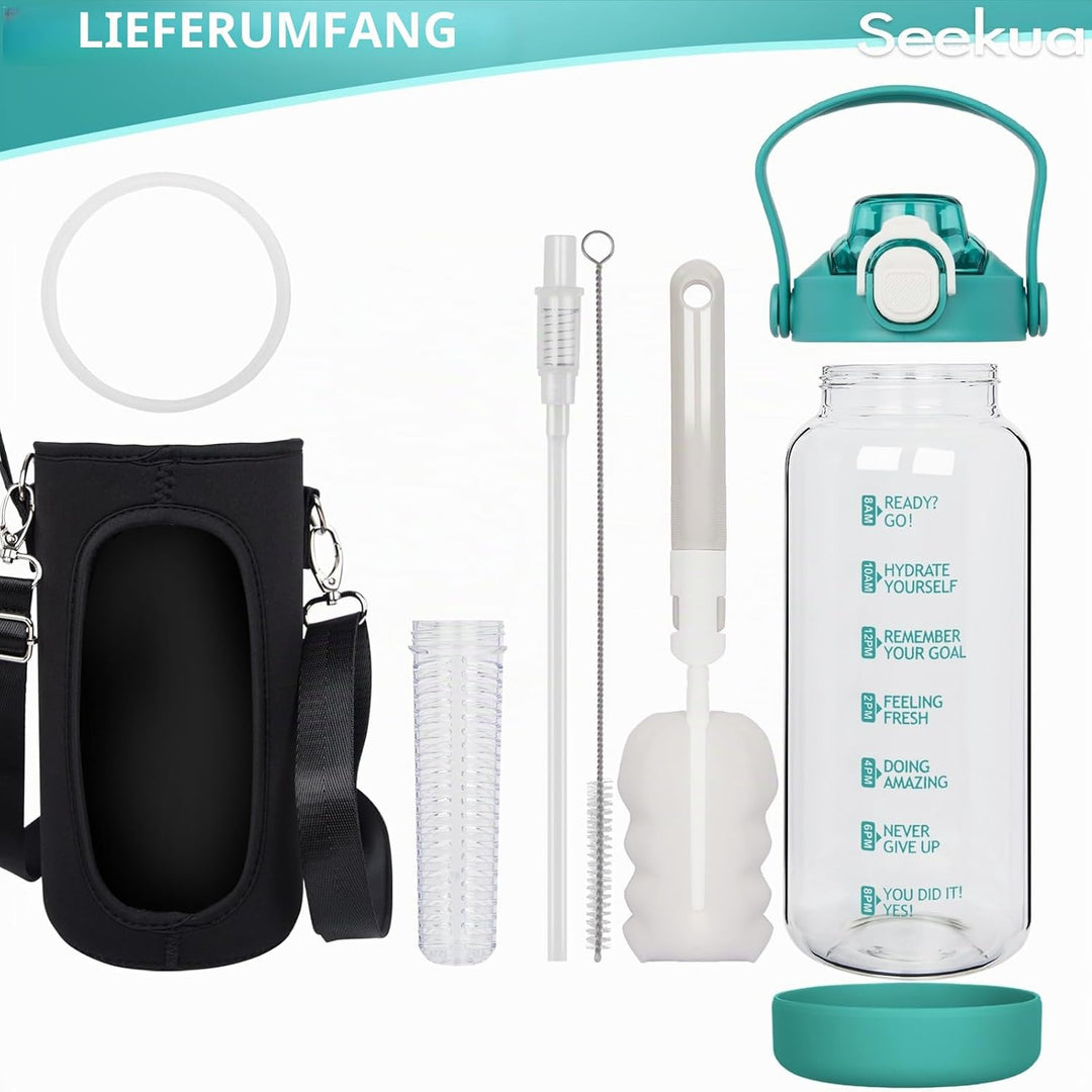 Seekua 2l Trinkflasche Glas Flasche mit Strohhalm & Zeitmarkierung, 2 liter Wasserflasche mit Frücht