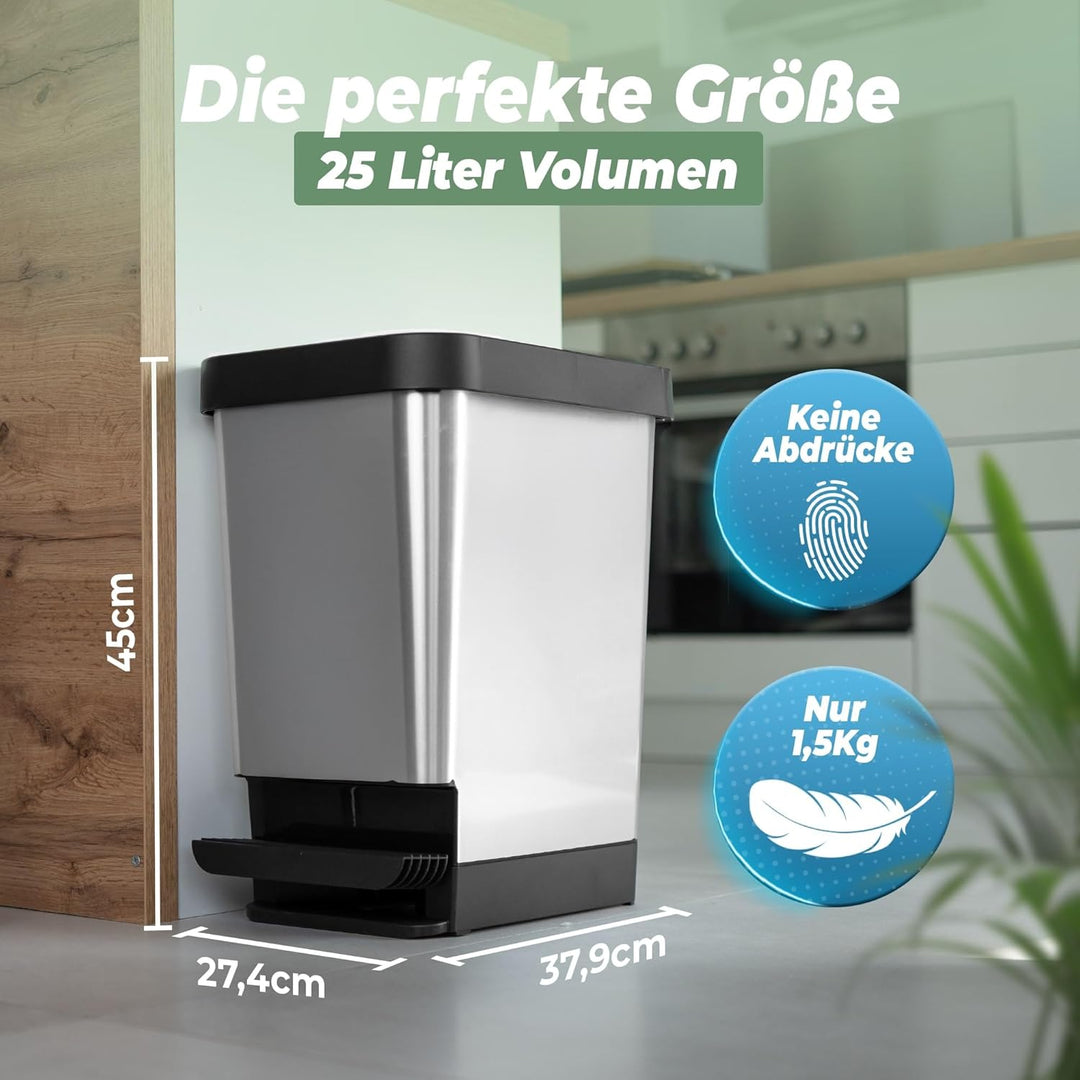 Novaliv 2x Mülleimer mit Deckel - 25L Tretmülleimer - Stabiler Abfalleimer mit Deckel &amp; Fusspedal -