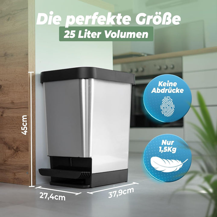 Novaliv 2x Mülleimer mit Deckel - 25L Tretmülleimer - Stabiler Abfalleimer mit Deckel &amp; Fusspedal -