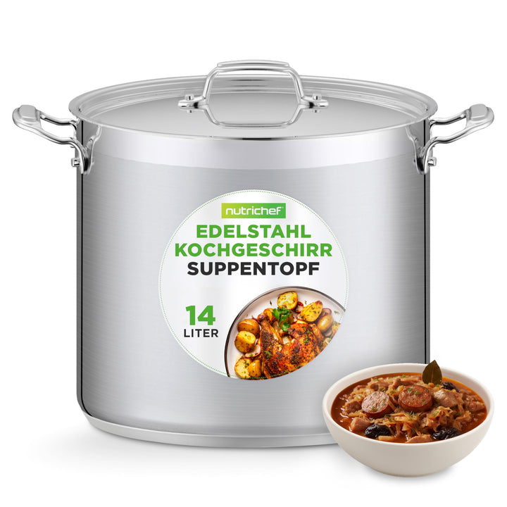 NutriChef Edelstahl Kochtopf 15,1L Induktion – Suppentopf mit Deckel, Profiqualität für Gastronomie