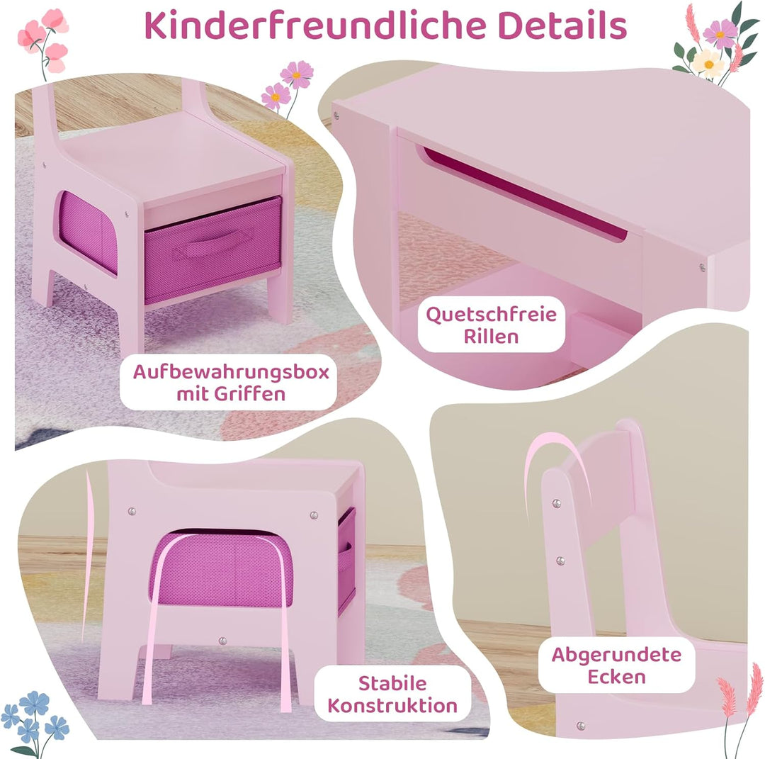 MAMIZO Kindertisch mit 2 Stühlen, 3 in 1 Kinder Tisch Stuhl Set, Kindermöbel Set aus Holz mit Staura