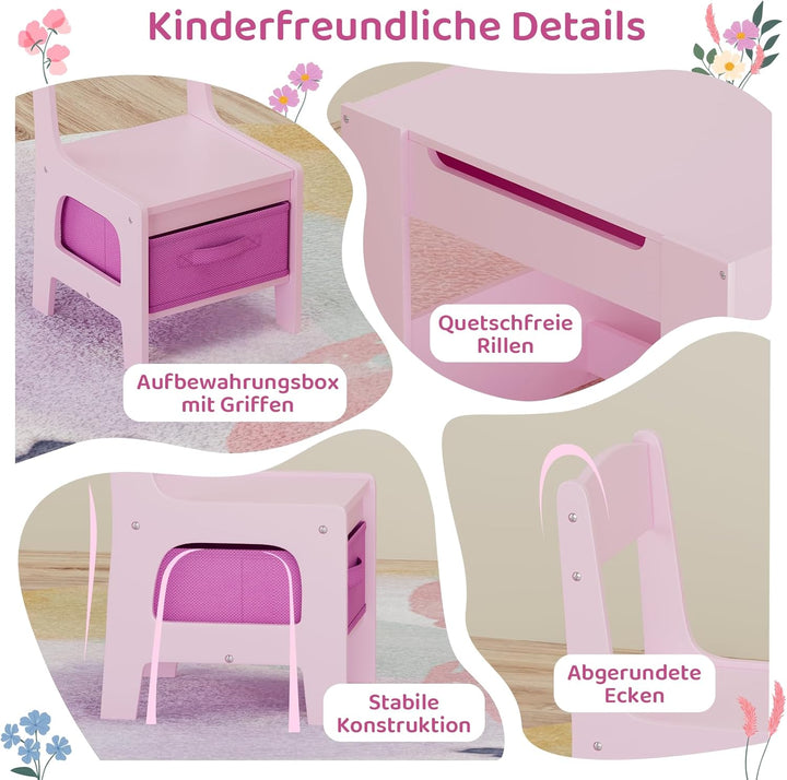 MAMIZO Kindertisch mit 2 Stühlen, 3 in 1 Kinder Tisch Stuhl Set, Kindermöbel Set aus Holz mit Staura