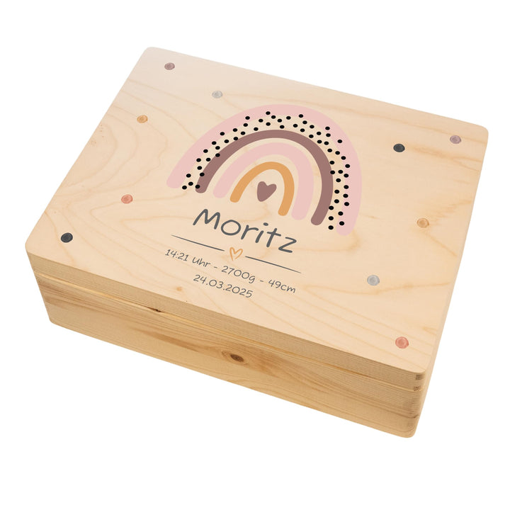LARIFEE Erinnerungskiste personalisiert Regenbogen mit Name – Baby Erinnerungsbox Holz mittel 40x30x