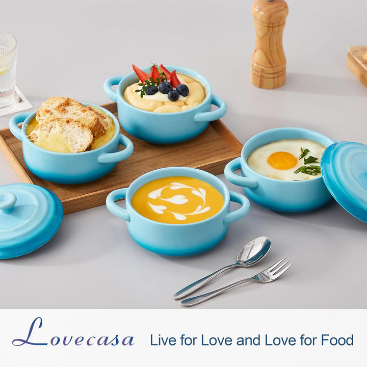 LOVECASA Kleine Auflaufform aus Steinzeug, 4 x 380 ml Mini-Cocotte mit Deckel, Souffle Förmchen Back
