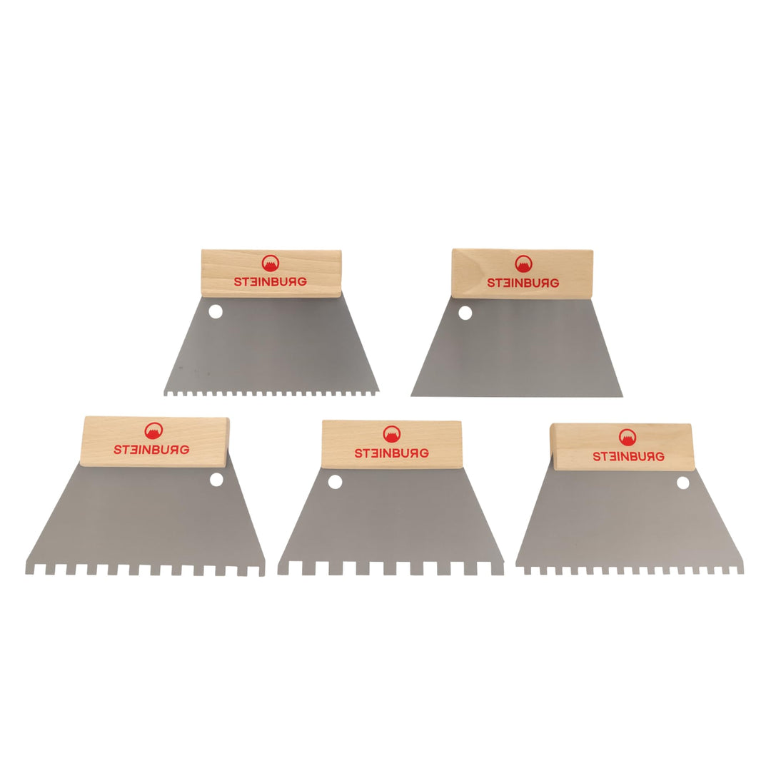 „Aufstreichspachtel-Set 180 mm“ mit Zahnungen 4×4, 6×6, 8×8, 10×10 mm & Glattblatt | Hergestellt in