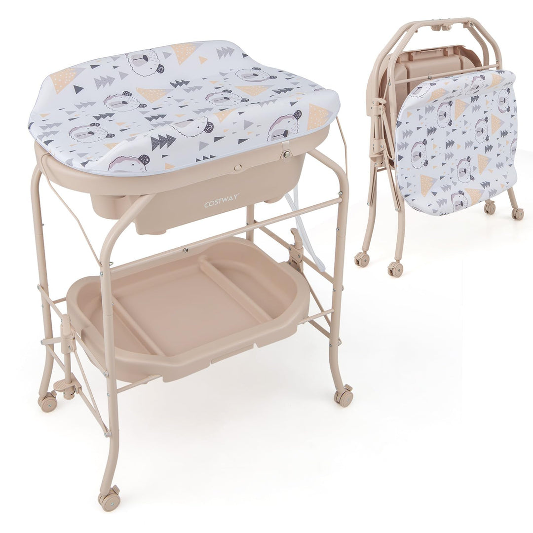 COSTWAY 4 in 1 Wickeltisch mit Badewanne, tragbare Wickelkommode mit PVC-Auflage & Abflussrohre, mob