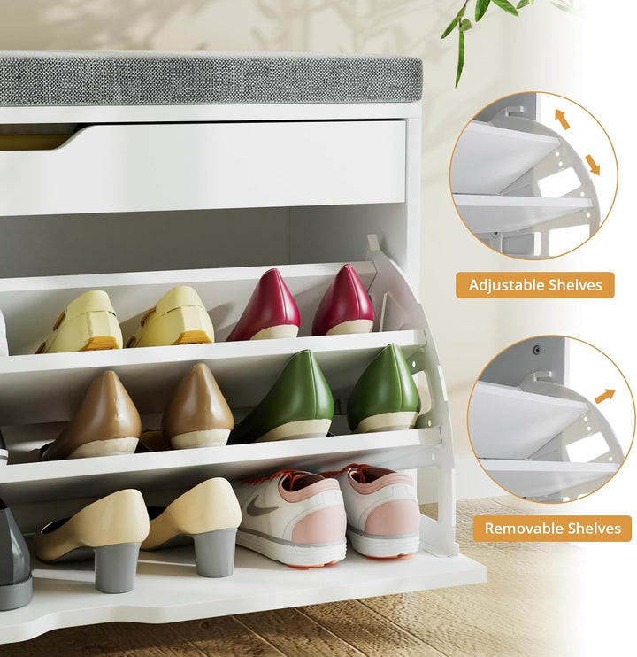 VOWNER Schuhschrank mit Klappen, Schuhregal Schuhkipper Schmal, Sitzbank mit Sitzkissen, Verstellbar