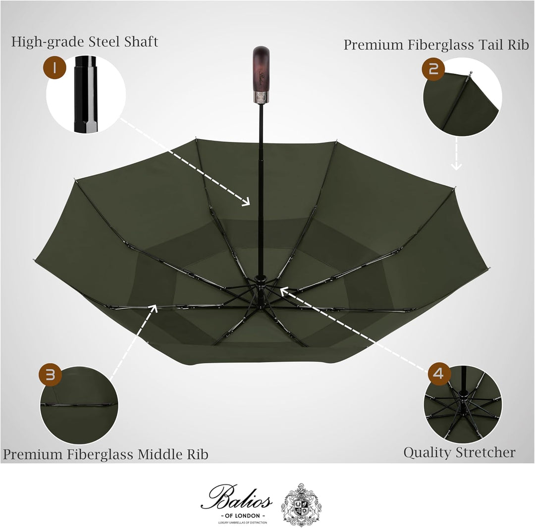 Balios® Regenschirm Mit Echtem Holzgriff -Optional | Auf Zu Automatik | Sturmfest & Windsicher | Tas