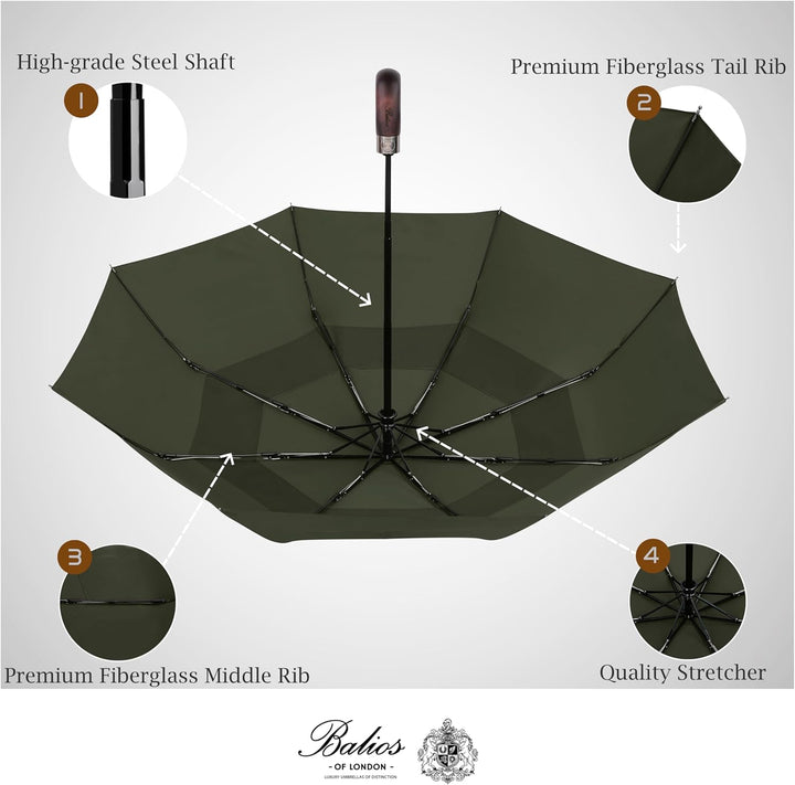 Balios® Regenschirm Mit Echtem Holzgriff -Optional | Auf Zu Automatik | Sturmfest & Windsicher | Tas