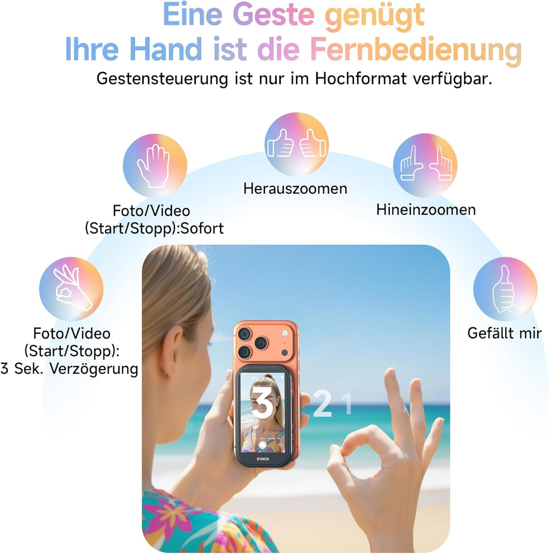 SYNCO XView M4 AI Selfie Monitor mit magnetischem Licht für iPhone und Android, Kabellose Gestensteu