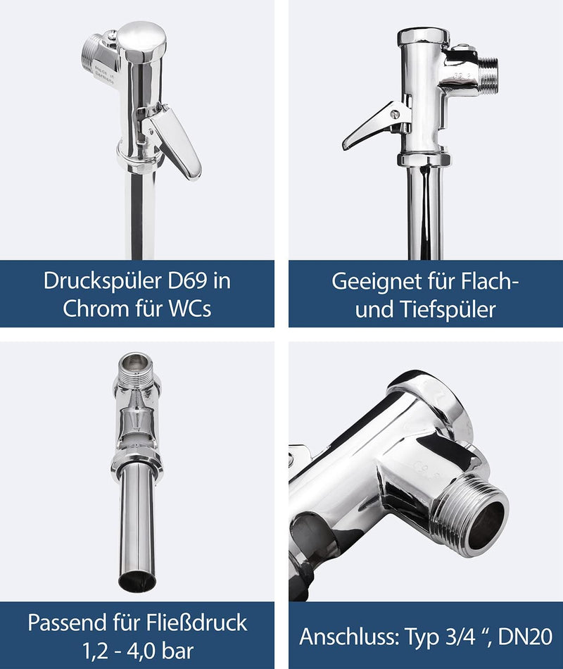 Sanitop-Wingenroth Wassersparender Druckspüler Nil D 69 | Für Flach- und Tiefspül-WCs | DN20 3/4 Zol