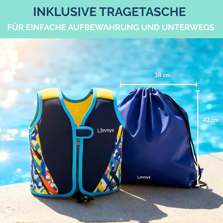 Limmys Premium Neopren Schwimmweste - Ideale Schwimmhilfe für Jungen - Extra Kordelzugtasche
