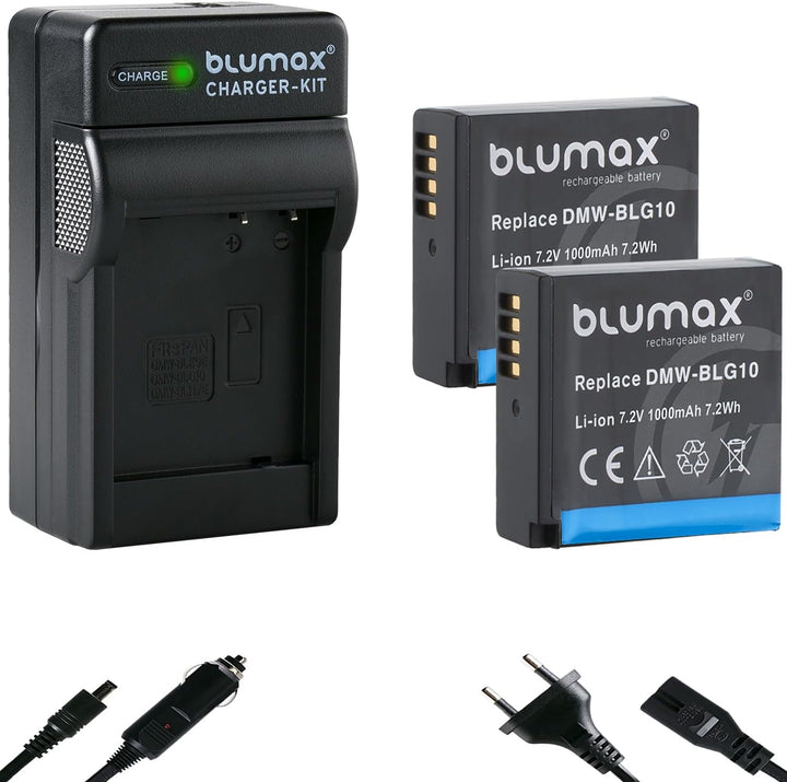 Blumax 2X Akku 1025mAh + Ladegerät Netzteil ersetzt Panasonic DMW-BLG10 e kompatibel mit Panasonic L