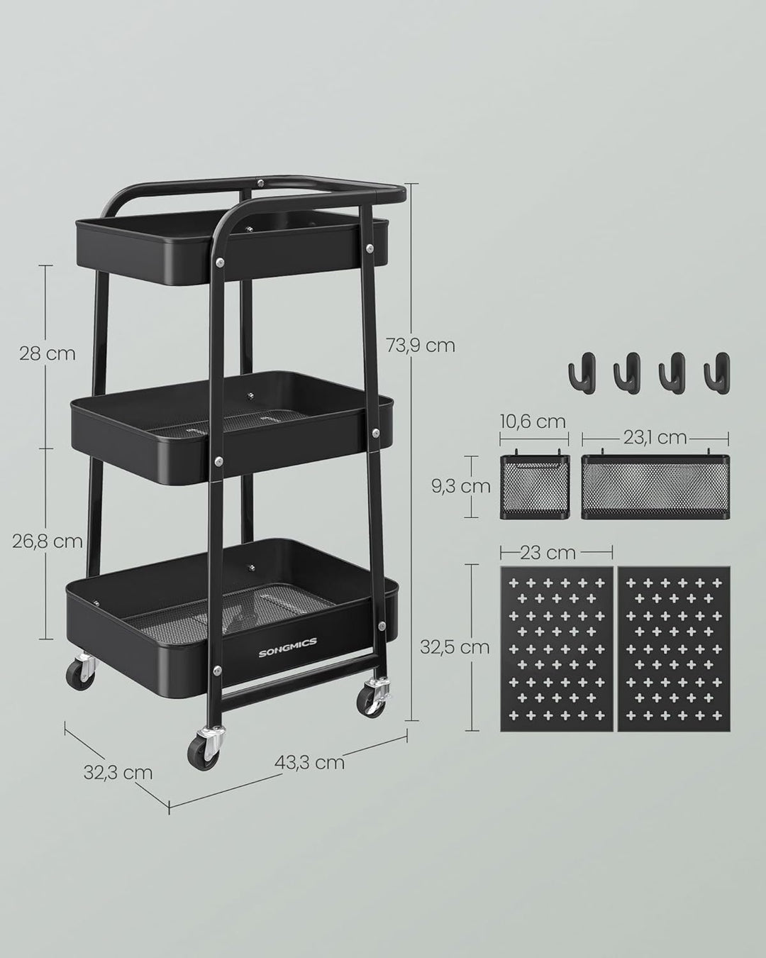 SONGMICS Rollwagen, Küchenwagen, 3 Metallgitterablagen, Servierwagen, 2 abnehmbare Lochplatten, 2 Hä