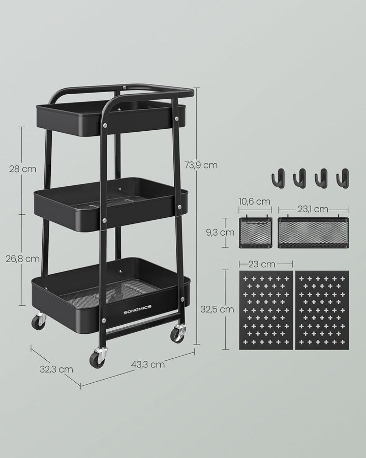 SONGMICS Rollwagen, Küchenwagen, 3 Metallgitterablagen, Servierwagen, 2 abnehmbare Lochplatten, 2 Hä